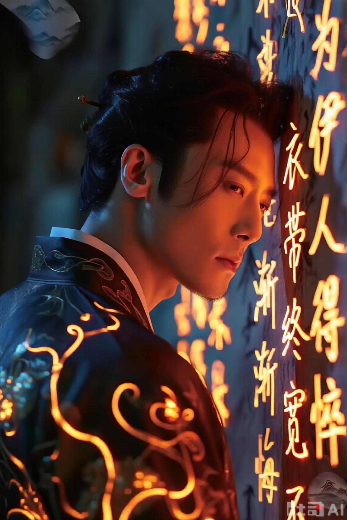 画面聚焦一位妆容精致的古风人物,一袭缀有发光花纹的衣袍勾勒出雅致身形。他轻侧头颅,鬓发微垂,脸庞缓缓贴近墙面—— 那墙面似有灵韵,微光如流水般悄然流转,“为伊消得人憔悴,衣带渐宽终不悔” 的诗句便在光晕中渐次浮现,除此再无旁的文字叨扰。暖黄霓虹交织着墨色的字体,似浸了夜半月华般温润通透,与衣上缠枝纹路遥遥相映,一笔一画都藏着古韵。整体色调偏暗,却暗得恰好：既晕染出诗句里山水般的清旷意境,又将人物骨子里的温润风骨衬得愈发鲜明。氛围感如一卷尘封的古卷徐徐展开,文字落处的光斑与环境微光轻轻交融,每一处光影都恰如其分,将那份含蓄的情愫与雅致的科技感揉得细腻绵长。