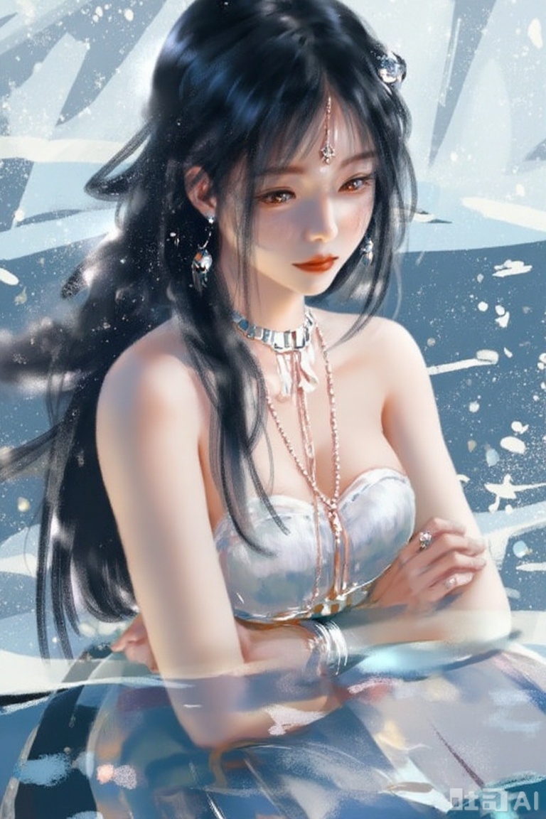 1girl, solo, long hair, black hair, hair ornament, dress, jewelry, closed mouth, upper body, earrings, water, necklace, sash, looking down,This is a W-L3 style image.

