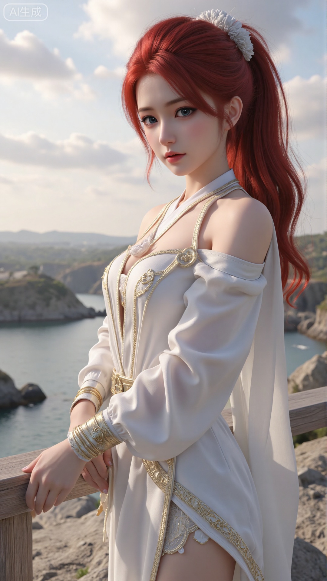 1girl, white wedding dress,looking at viewer, mischevious smile, perfect body, scenery, sharp focus, best quality, masterpiece, detailed outfit, illustration, perfect eyes, finely detailed beautiful anime eyes, realistic skin, intricate details, best lighting, depth of field, ultra high resolution, cowboy_shot, bride