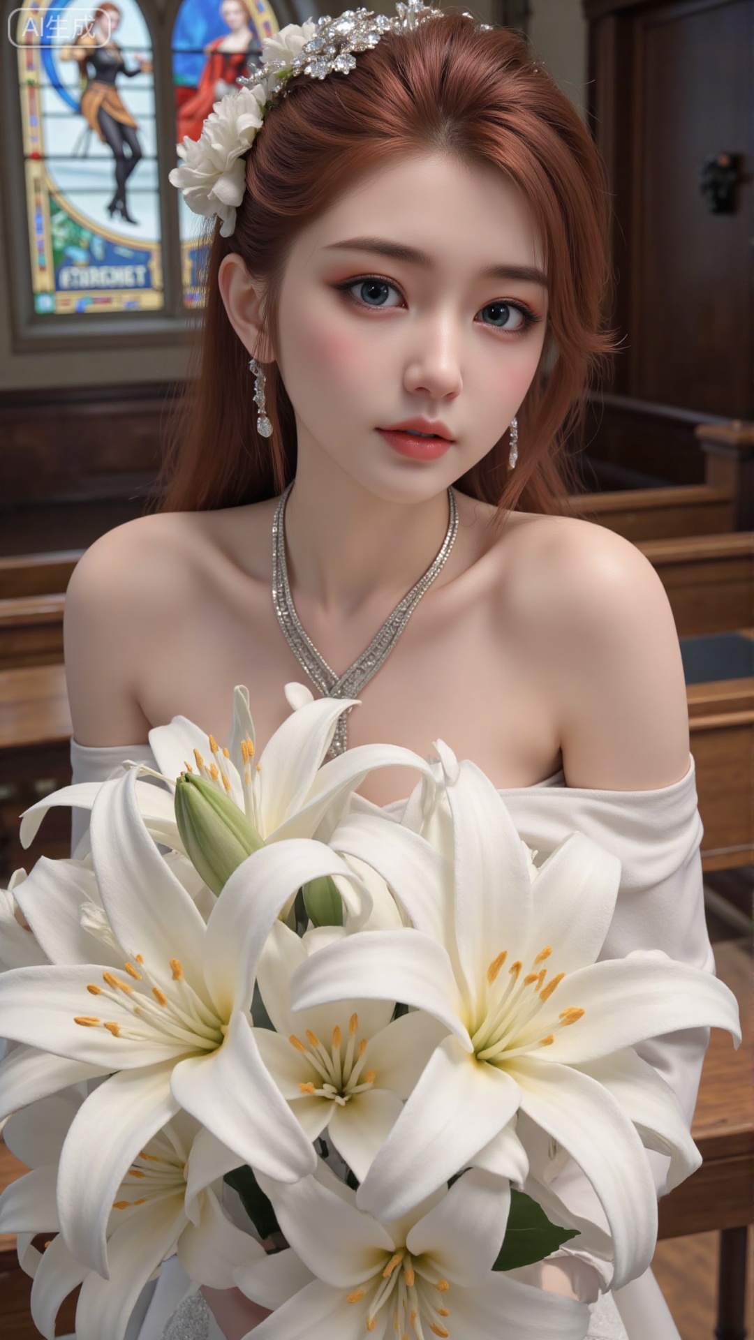 masterpiece,very aware,highres,absurdres,newest,best quality,high quality,chromatic_aberration,cinematic_angle,dutch angle,blurry_foreground,
1girl, flower, solo, hair ornament, dress, bouquet, stained glass, hair flower, holding bouquet, white dress, holding, looking at viewer, necklace, jewelry, church, white flower, virtual youtuber, lily (flower), earrings, closed mouth, bare shoulders, indoors, off-shoulder dress, aqua eyes, long hair, off shoulder, wedding dress, light smile, mole, blue eyes, upper body, collarbone, holding flower,
photorealistic

