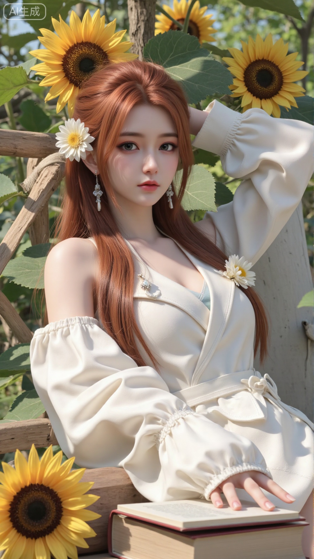 1girl, solo, long hair, brown hair, long sleeves, dress, ribbon, bare shoulders, jewelry, flower, earrings, outdoors, lying, white dress, book, sunflower, ,Light, shadow ,Illustration, lightshadow,shadow,masterpiece,best quality,good quality,very aesthetic,A shot with tension,impactful picture,offcial art,movie perspective,masterpiece,facing the lens,best quality,very aesthetic,extremely delicate and beautiful,huge filesize,amazing quality,solo_focus,depth_of_field,sunlight,reflective,masterful details,intricate details, high contrast,natural skin texture,soft light,sharp,ultra-high resolution,32K UHD,