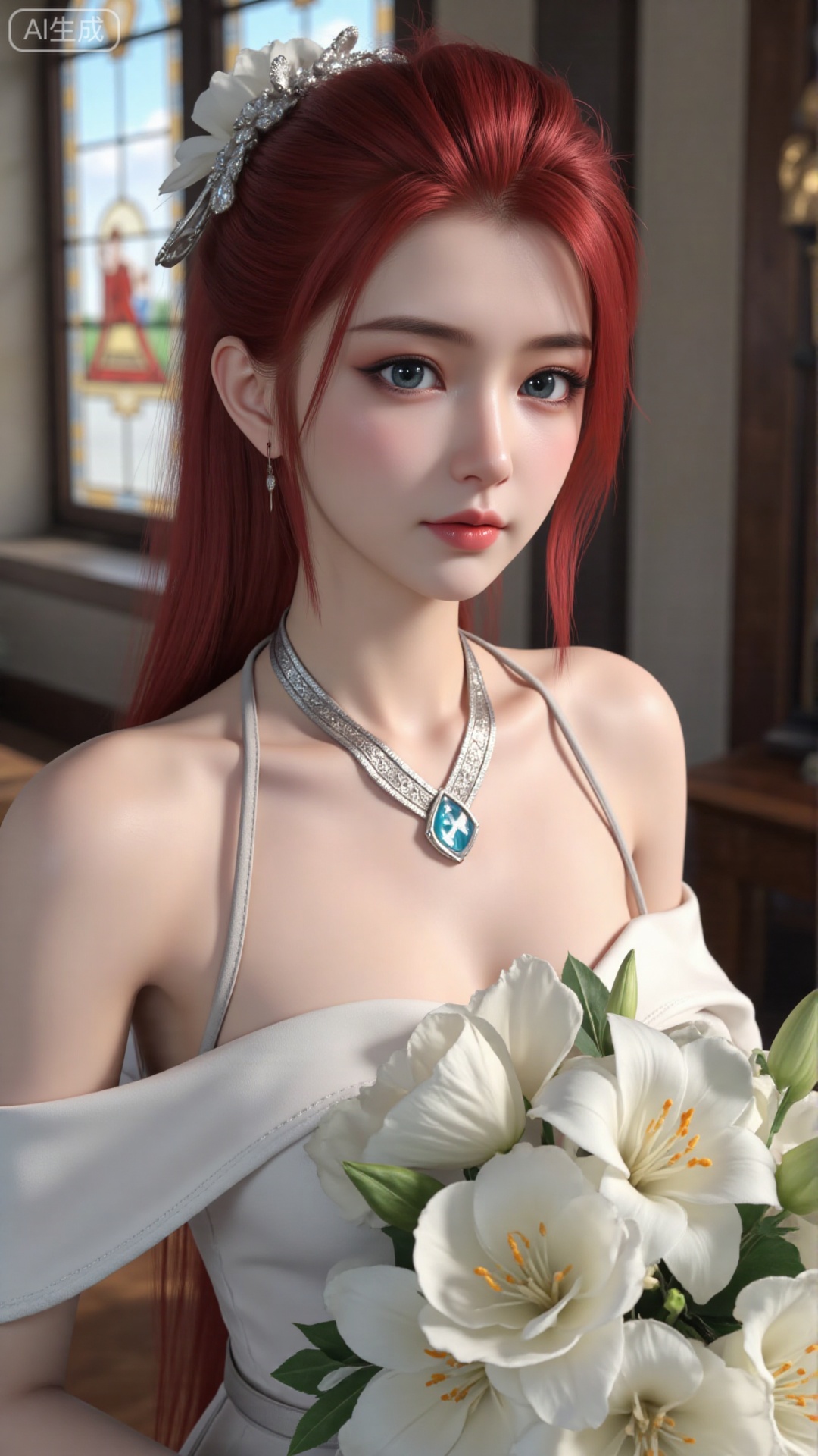 masterpiece,very aware,highres,absurdres,newest,best quality,high quality,chromatic_aberration,cinematic_angle,dutch angle,blurry_foreground,
1girl, flower, solo, hair ornament, dress, bouquet, stained glass, hair flower, holding bouquet, white dress, holding, looking at viewer, necklace, jewelry, church, white flower, virtual youtuber, lily (flower), earrings, closed mouth, bare shoulders, indoors, off-shoulder dress, aqua eyes, long hair, off shoulder, wedding dress, light smile, mole, blue eyes, upper body, collarbone, holding flower,
photorealistic
