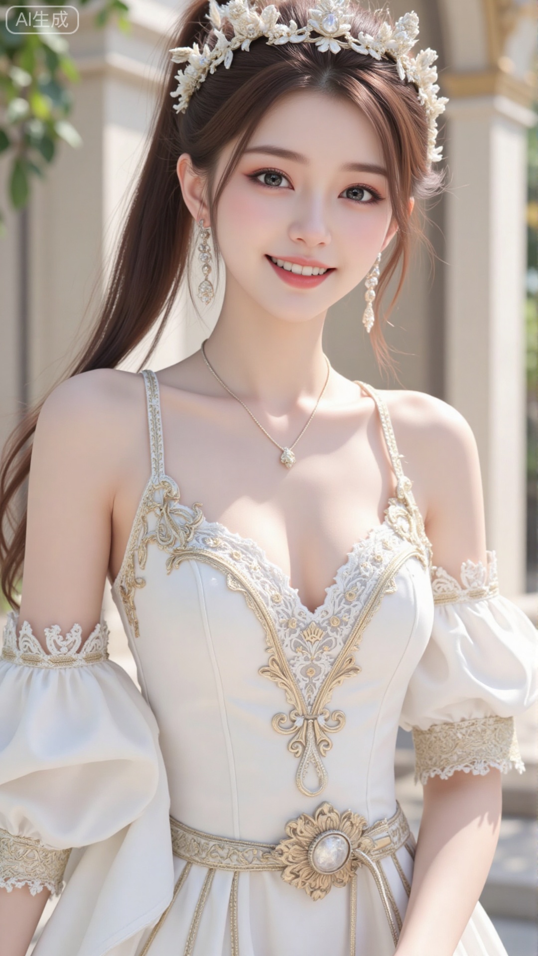 1girl, white wedding dress,looking at viewer, mischevious smile, perfect body, scenery, sharp focus, best quality, masterpiece, detailed outfit, illustration, perfect eyes, finely detailed beautiful anime eyes, realistic skin, intricate details, best lighting, depth of field, ultra high resolution, cowboy_shot, bride