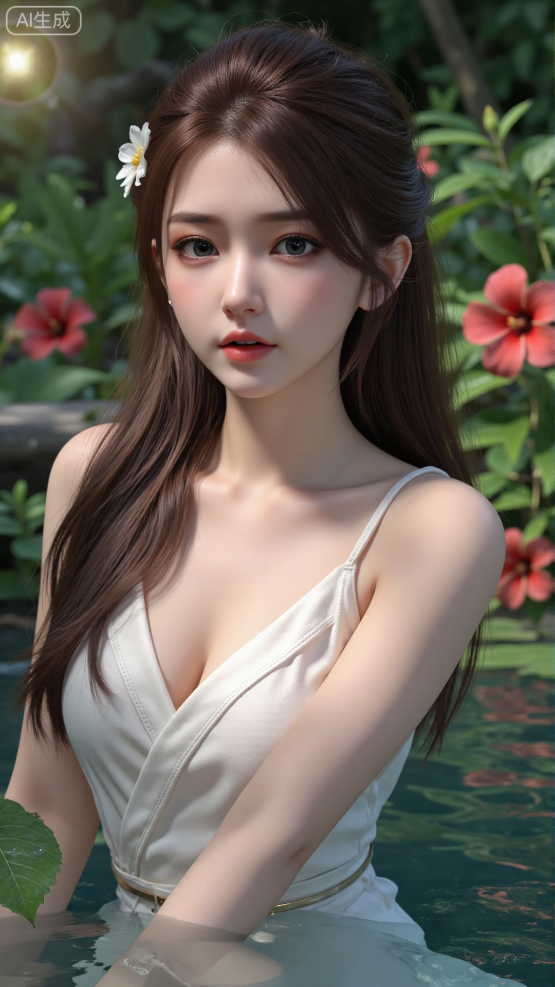 1girl, solo, long hair, breasts, looking at viewer, blush, open mouth, bangs, brown hair, hair ornament, dress, bare shoulders, brown eyes, medium breasts, collarbone, flower, parted lips, hair flower, water, white dress, sleeveless dress, leaf, plant, red flower, partially submerged, hibiscus
,backlighting,depth of field,cinematic lighting,light particles,lens flare, (artist:quasarcake:0.8),extreme aesthetic,(wlop:0.6),masterpiece,best quality,good quality,newest,very aesthetic,absurdres,Visual impact,A shot with tension, ultra-high resolution,32K UHD,sharp focus,best-quality,masterpiece,Emotionalization,unconventional supreme masterpiece,masterful details,temperate atmosphere,with a high-end texture,in the style of fashion photography, (alzi xiaomI:1.2),(mogumo:1.1),(good hands, nice hands:0.5),giving the poster a dynamic and visually striking appearance,impactful picture,offcial art,colorful,movie perspective, masterpiece,best quality,amazing quality,very aesthetic,absurdres,best quality,newest