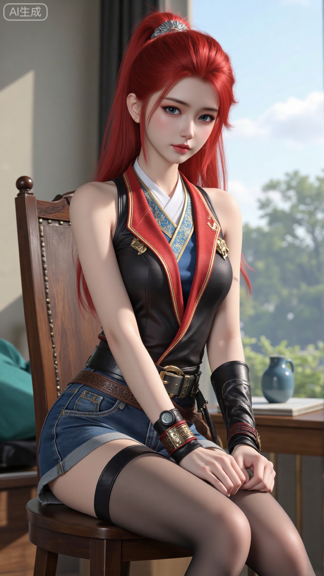 1girl, solo, red hair, shorts, pantyhose, blue eyes, short shorts, legwear under shorts, long hair, looking at viewer, mischevious smile, perfect body, scenery, sharp focus, best quality, masterpiece, detailed outfit, illustration, perfect eyes, finely detailed beautiful anime eyes, realistic skin, intricate details, best lighting, depth of field, ultra high resolution,sitting