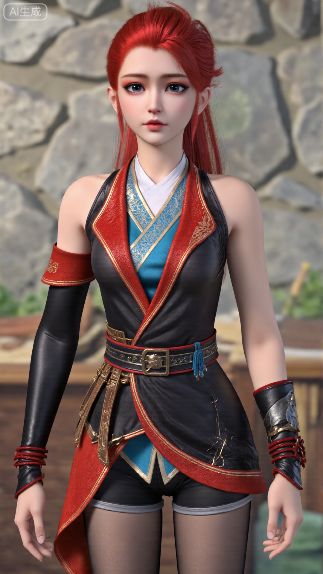 1girl, solo, red hair, shorts, pantyhose, blue eyes, short shorts, legwear under shorts, long hair, looking at viewer, mischevious smile, perfect body, scenery, sharp focus, best quality, masterpiece, detailed outfit, illustration, perfect eyes, finely detailed beautiful anime eyes, realistic skin, intricate details, best lighting, depth of field, ultra high resolution,cowboy_shot