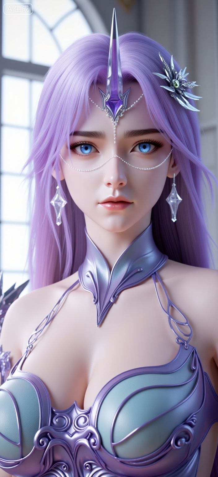 1girl, solo, long hair, blue eyes, hair ornament, dress, bare shoulders, jewelry, closed mouth, upper body, purple hair, earrings, horns, looking to the side, window, detached collar, looking away, single horn