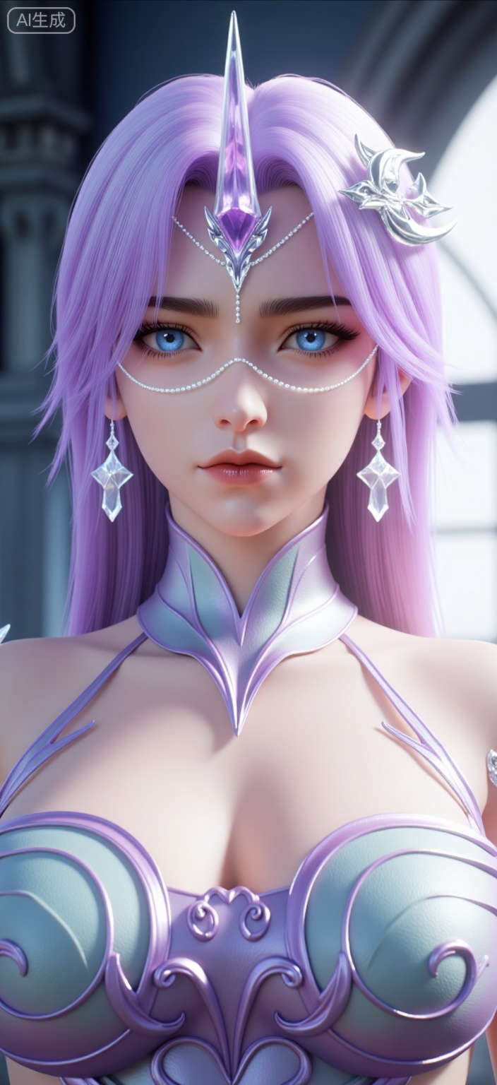 1girl, solo, long hair, blue eyes, hair ornament, dress, bare shoulders, jewelry, closed mouth, upper body, purple hair, earrings, horns, looking to the side, window, detached collar, looking away, single horn,yn,pf
