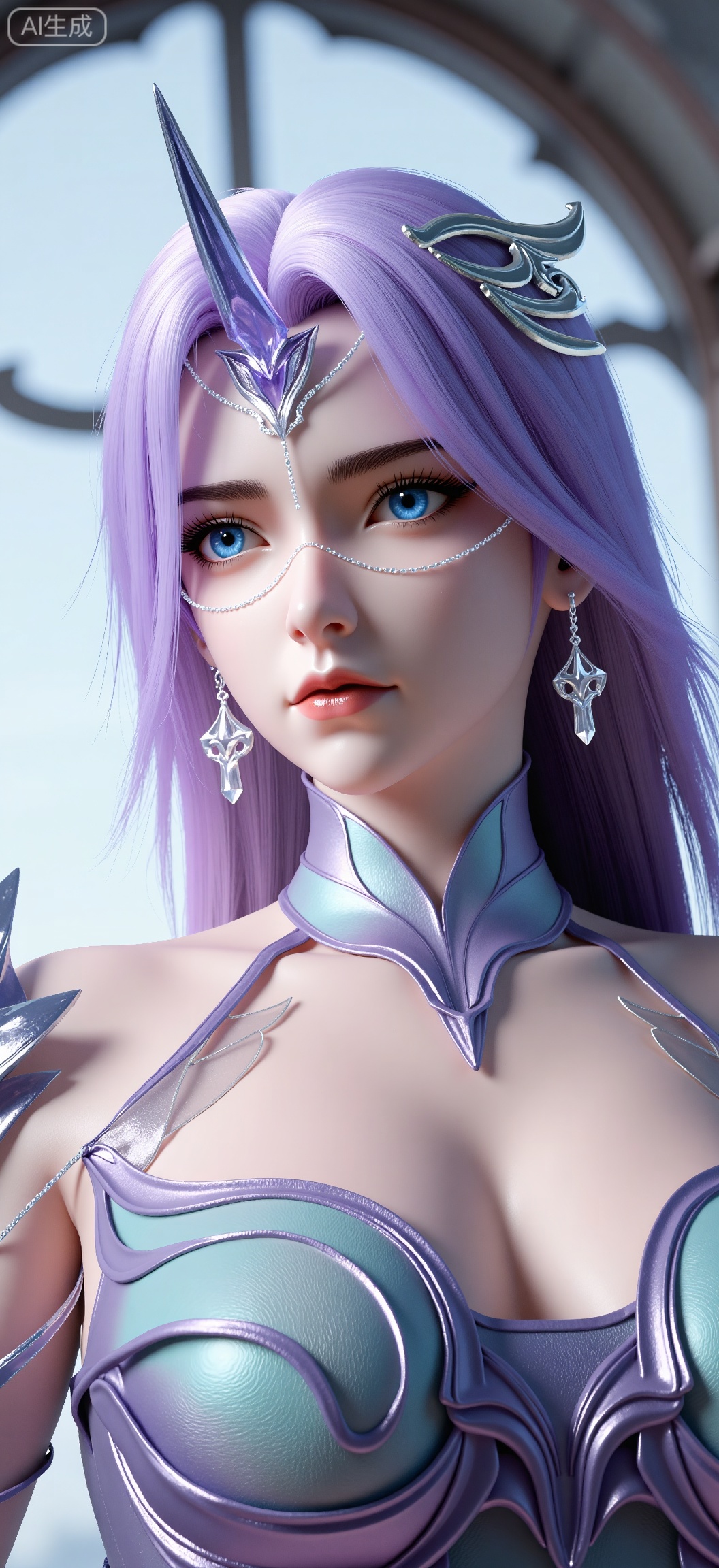 1girl, solo, long hair, blue eyes, hair ornament, dress, bare shoulders, jewelry, closed mouth, upper body, purple hair, earrings, horns, looking to the side, window, detached collar, looking away, single horn,yn,pf