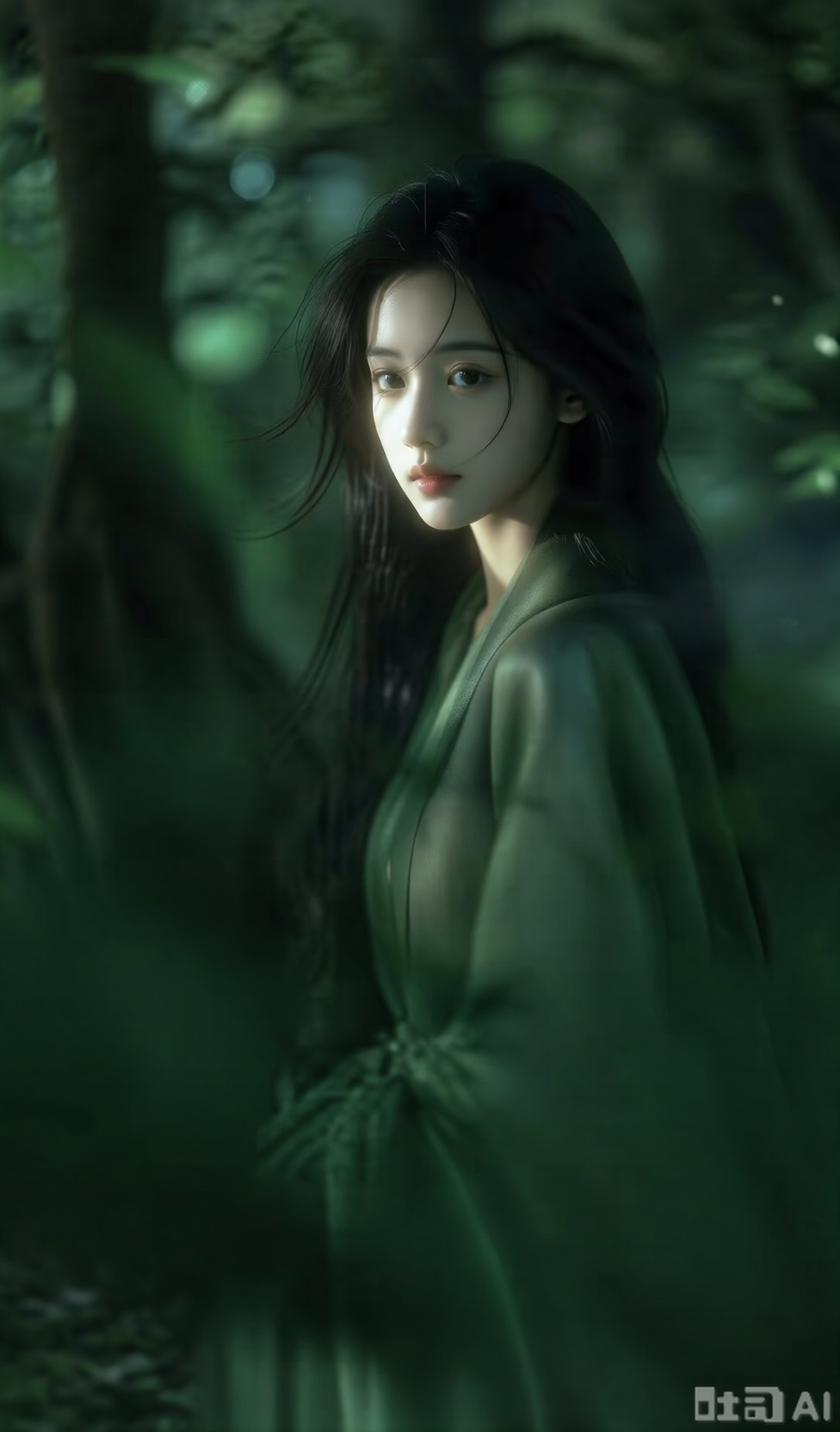 标题绿野仙踪，绿树成荫，神秘仙境，神秘感，亚洲少女，抽象派，朦胧感，虚化模糊，极简主义，神秘感，朦胧感，大量留白，半身特写，光影艺术，东方美学