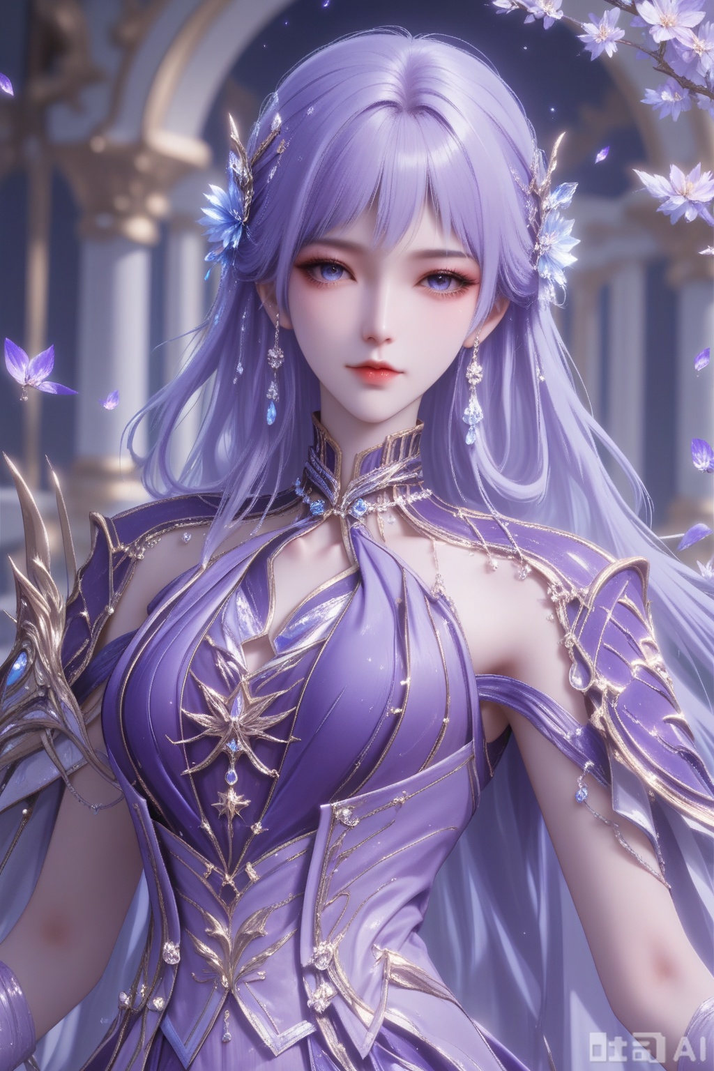 score_9,score_8_up,1girl, solo, long hair, looking at viewer, blue eyes, hair ornament, dress, jewelry, earrings, purple dress,Purple hair,Lavender hair,White hair,圣彩儿,