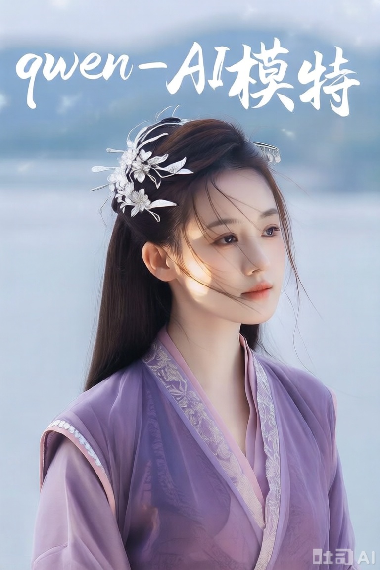 zsfy风格,Sumig风格,JKBB,一个电影级别的照片,一个女孩,长发,她的脸颊两侧的短发被微风吹,半身照,阳光照在脸上,穿着紫色连衣裙,头上戴着银发簪花,银发饰物,独特的民族汉服,朦胧的艺术感,富士风格滤镜,电影效果,半身照片,真实照片,meinvzi,

图片上部用白色行书书法手写字"qwen-AI模特"。