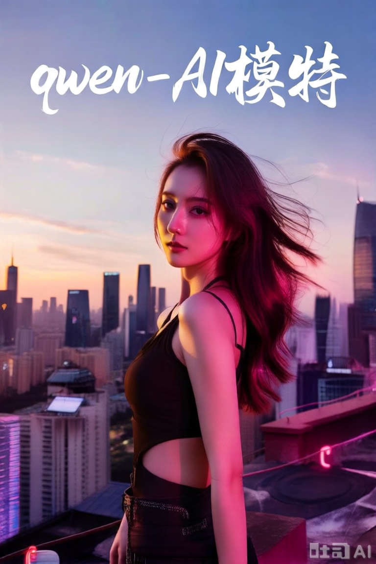 neonpunk风格的霓虹黑色舞女, ,写实摄影,在一座高耸的摩天大楼的屋顶上,一个女孩站着,直接面对镜头。在她身后,众多摩天大楼向远处延伸,形成了令人惊叹的城市全景。这是一个完美的黄昏时刻,傍晚的阳光在女孩的脸上洒下温暖的光芒,增强了场景的冲击力。这张照片捕捉到了一种敬畏感,锐度和现实主义使每个细节都生动清晰,头发在风中飘扬,长发,露背。赛博朋克、蒸汽波、霓虹灯、氛围、充满活力、令人惊叹的美丽、清晰、细节、光滑、超现代、洋红色亮点、深紫色阴影、高对比度、电影、超细节、复杂、专业、,

图片上部用白色行书书法手写字"qwen-AI模特"。