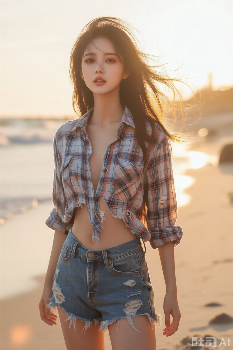 一个美女站在沙滩,穿着破损的格子衬衫,牛仔短裤,长发