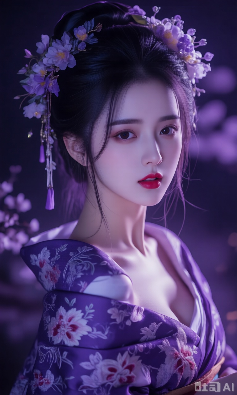一个古风美女,看向观者,黑头发,发饰,花朵,微张的嘴唇,紫色印花披肩,头花,和服,红唇,写实风格,绣有花纹的和服,夜晚,紫色灯光,