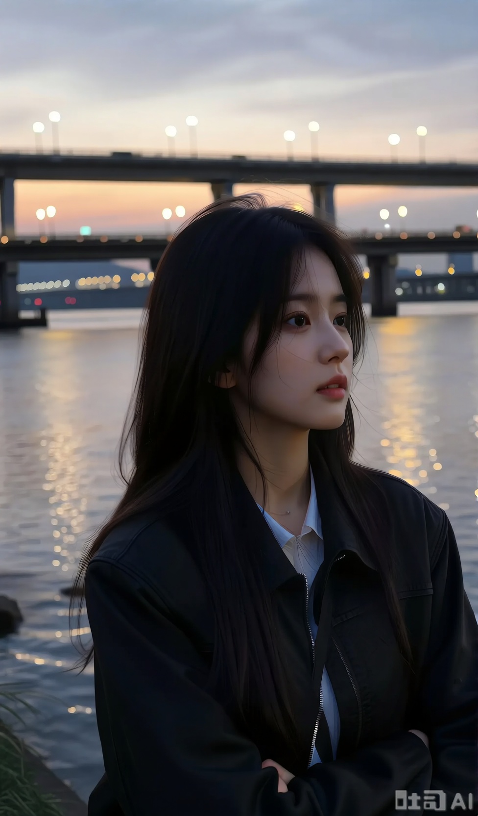 一位年轻的东亚妇女,长长的黑发和白皙的皮肤在黄昏的河边站在一条河边。她穿着一件黑色夹克在一件白衬衫上,凝视着远处。背景设有一座桥,上面有温暖的,焦点的路灯在水上反映。该图像具有宁静,沉思的心情,具有柔软的自然照明。这张照片是高质量的,用数码单反相机拍摄,具有逼真的自然风格。女人的表情是平静而内省的,增加了和平的氛围。整体组成是平衡的,妇女以中心为中心,桥梁提供了深度