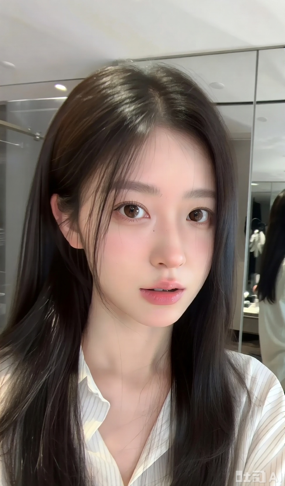 一位年轻的亚洲女人,皮肤良好,长长的黑发,穿着白色条纹衬衫。她的面孔微妙,对称的脸,呈大而富有表现力的棕色眼睛,鼻子很小。她的嘴唇略微分开,涂有柔软的粉红色。照明柔软,甚至突出了她光滑的皮肤和自然美感。背景是一个模糊的内饰,可能是更衣室或工作室,带有大镜子,反映了她的图像的一部分。整体美学是干净而简约的,重点是自然美和优雅。