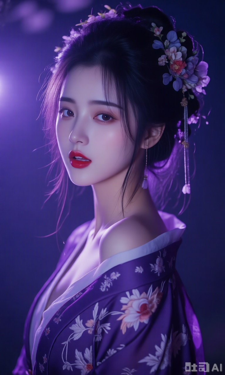 一个古风美女,看向观者,黑头发,发饰,花朵,微张的嘴唇,紫色印花披肩,头花,红唇,写实风格,绣有花纹的和服,夜晚,紫色灯光,
