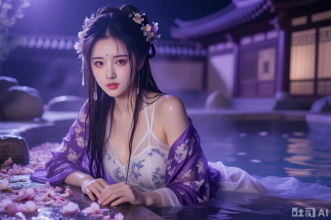 古代美人趴在飘满花瓣的温泉池旁岸上,长发,白纱印花吊带衫,紫色印花披肩,头花脸上都是湿的,看着镜头,有唐代建筑风格,夜晚,紫色的光,