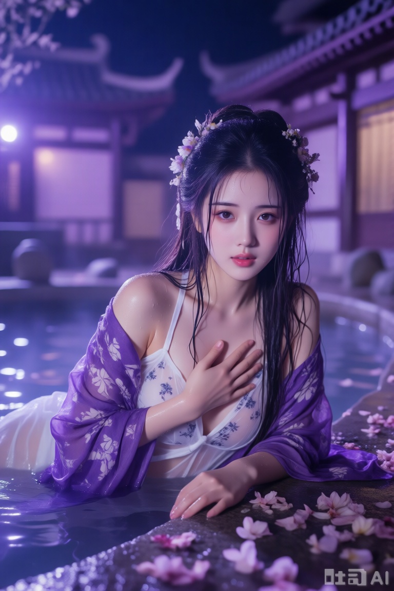古代美人趴在飘满花瓣的温泉池旁岸上,长发,一只手捂住胸口,白纱印花吊带衫,紫色印花披肩,头花脸上都是湿的,看着镜头,有唐代建筑风格,夜晚,紫色的光,