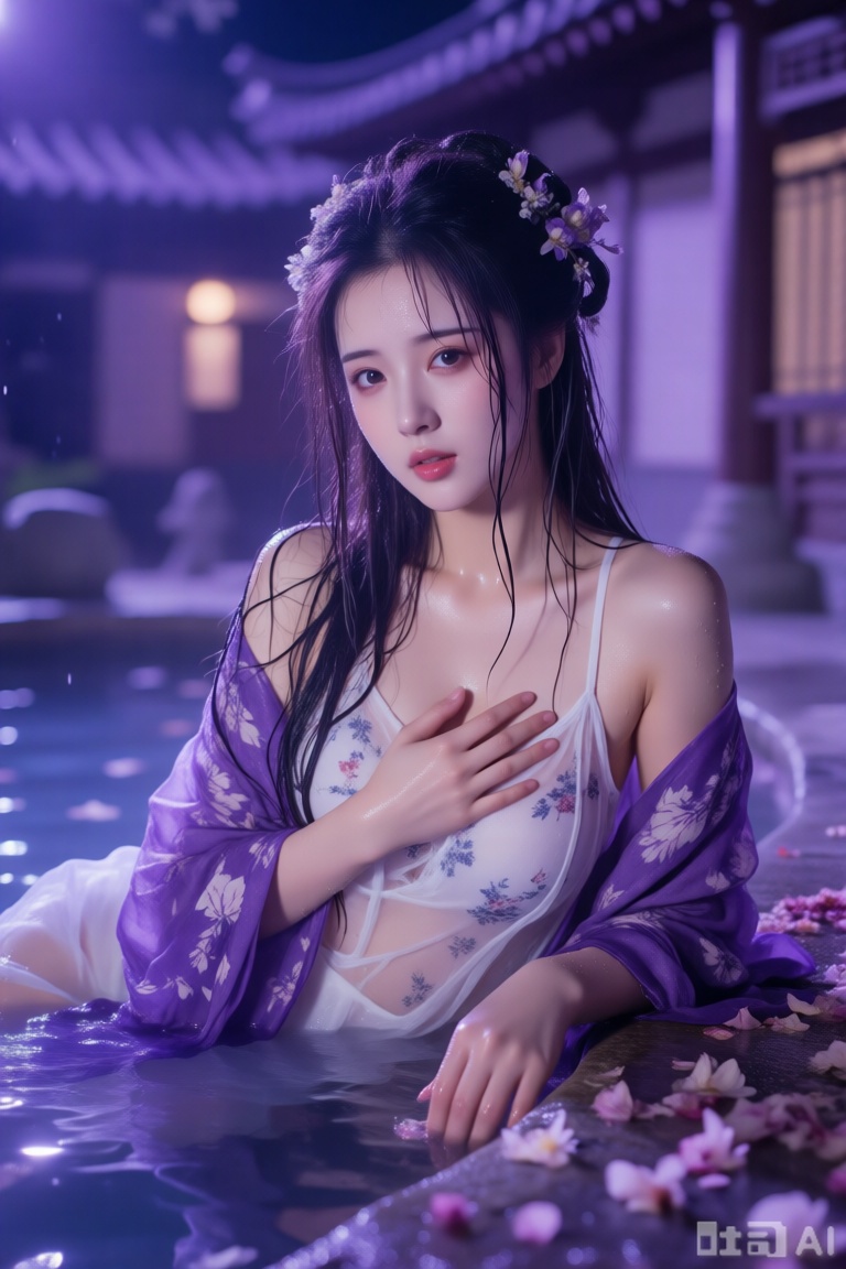 古代美人趴在飘满花瓣的温泉池旁岸上,长发,一只手捂住胸口,白纱印花吊带衫,紫色印花披肩,头花脸上都是湿的,看着镜头,有唐代建筑风格,夜晚,紫色的光,