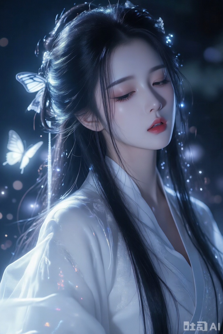 上像国风光影、移轴摄影、暗夜微光、暗黑魔幻超长蓬松闪亮细密黑发（发丝细腻柔滑）
精致妆容、白色古风衣、蝴蝶古风美背景庭院、夜光、柔焦、华丽光影、高雅气质插画、柔和灯光、超清高细节、仙气、唯美造型（发丝蓬松细腻刻画）、高清特写、长睫毛、嘴微张、极致超清细节、光影交错对比斑斓气质、超高清画质、细节丰富精致感强背景简约、人物特写、高冷半眯眼、迷离滤镜。