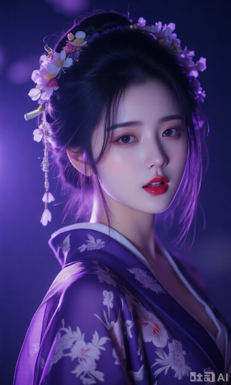 一个古风美女,看向观者,黑头发,发饰,花朵,微张的嘴唇,紫色印花披肩,头花,和服,红唇,写实风格,绣有花纹的和服,夜晚,紫色灯光,