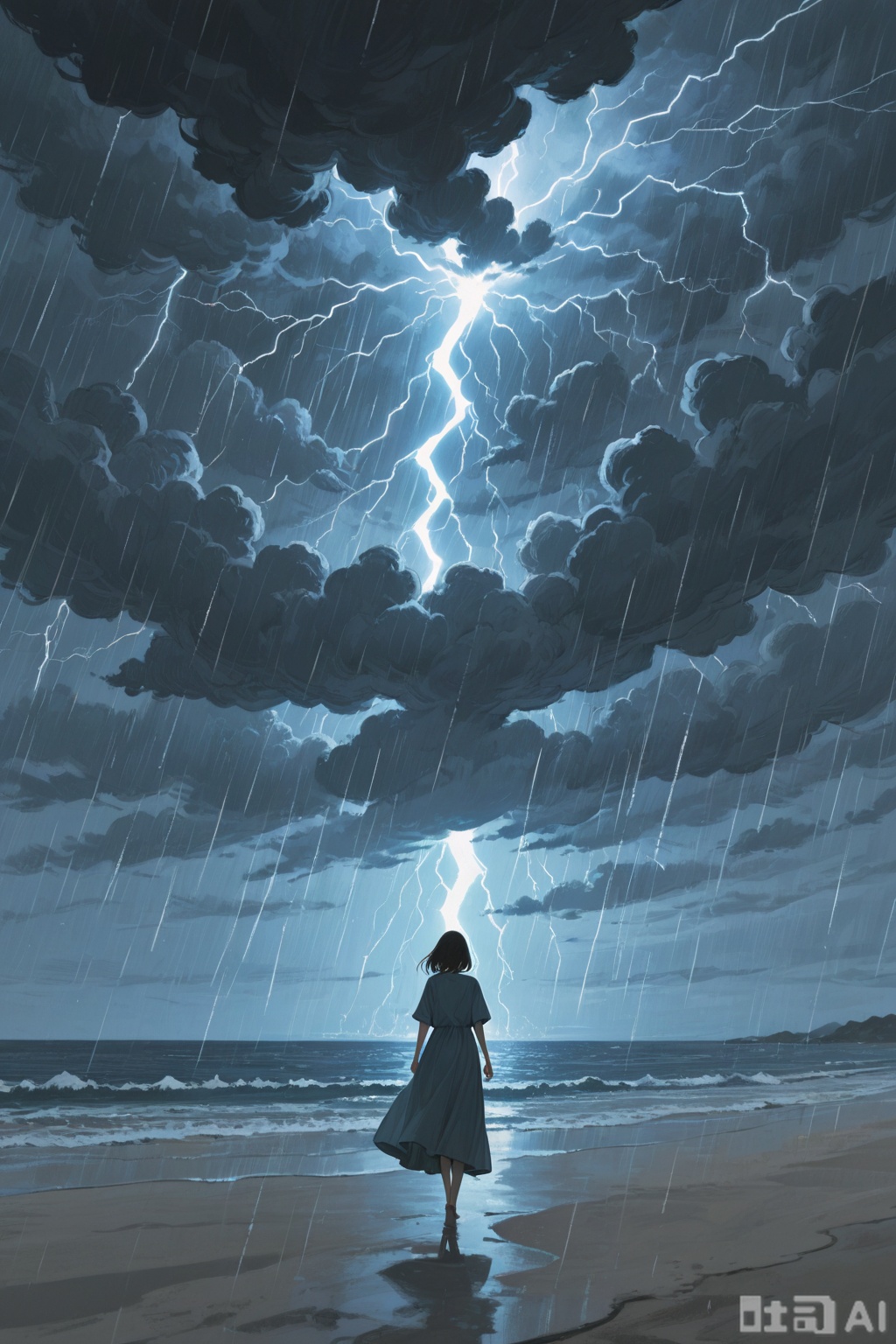 Digital art,illustration,masterpiece,best quality, //
,(thunderstorm theme:1.3),1girl,long dress,walking on beach,