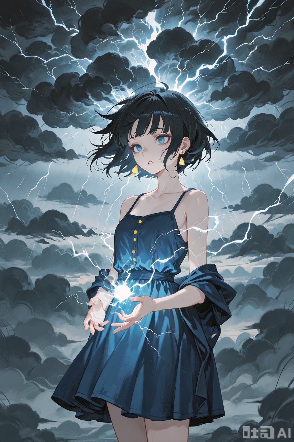 Digital art,illustration,masterpiece,best quality, //
,(thunderstorm theme:1.3),clouds sourround,1girl,Bangs, off shoulder, black hair, blue dress, blue eyes, chest, earrings, dress, earrings, floating hair, jewelry, sleeveless, short hair,Looking at the observer, parted lips, pierced,energy,electricity,magic,Digital art scene illustration