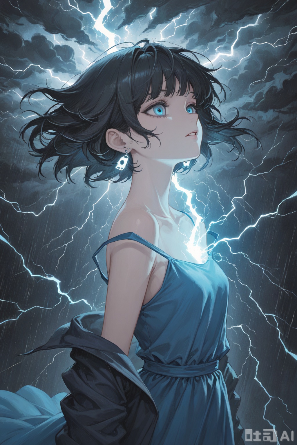 Digital art,illustration,masterpiece,best quality, //
,(thunderstorm theme:1.3),1girl,1girl,Bangs, off shoulder, black hair, blue dress, blue eyes, chest, earrings, dress, earrings, floating hair, jewelry, sleeveless, short hair,Looking at the observer, parted lips, pierced,energy,electricity,magic,