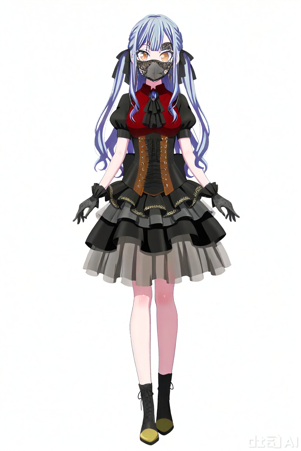 masterpiece, best quality,solo,((white background:1.2)),simple background,full body,2boys,back to back 
looking at viewer,togawa sakiko,bangs,ribbon,hair ribbon,black ribbon,two side up,blue hair,grey hair,sidelocks,blunt bangs,yellow eyes
Oblivionis type,short sleeves, black gloves,red collared shirt,puffy sleeves, jewelry,black dress,layered skirt, puffy short sleeves,black ascot,gold_trim