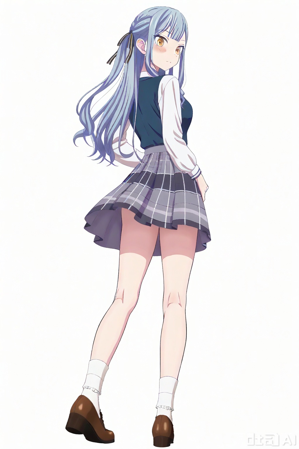 masterpiece, best quality,solo,((white background:1.2)),simple background,full body,2boys,back to back 
looking at viewer,togawa sakiko,bangs,ribbon,hair ribbon,black ribbon,two side up,blue hair,grey hair,sidelocks,blunt bangs,yellow eyes