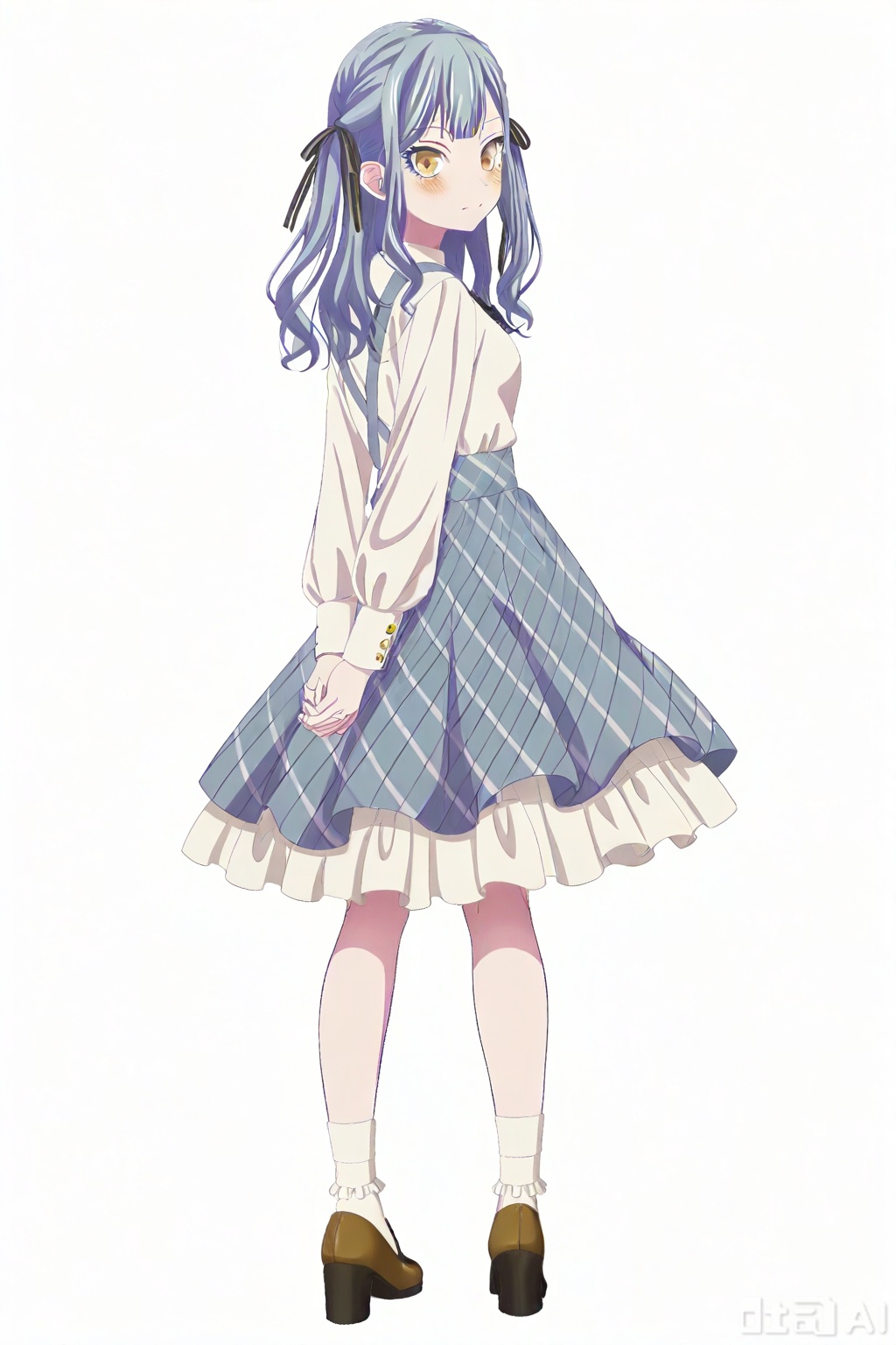 masterpiece, best quality,solo,((white background:1.2)),simple background,full body,2boys,back to back 
looking at viewer,togawa sakiko,bangs,ribbon,hair ribbon,black ribbon,two side up,blue hair,grey hair,sidelocks,blunt bangs,yellow eyes
medium hair,wavy hair