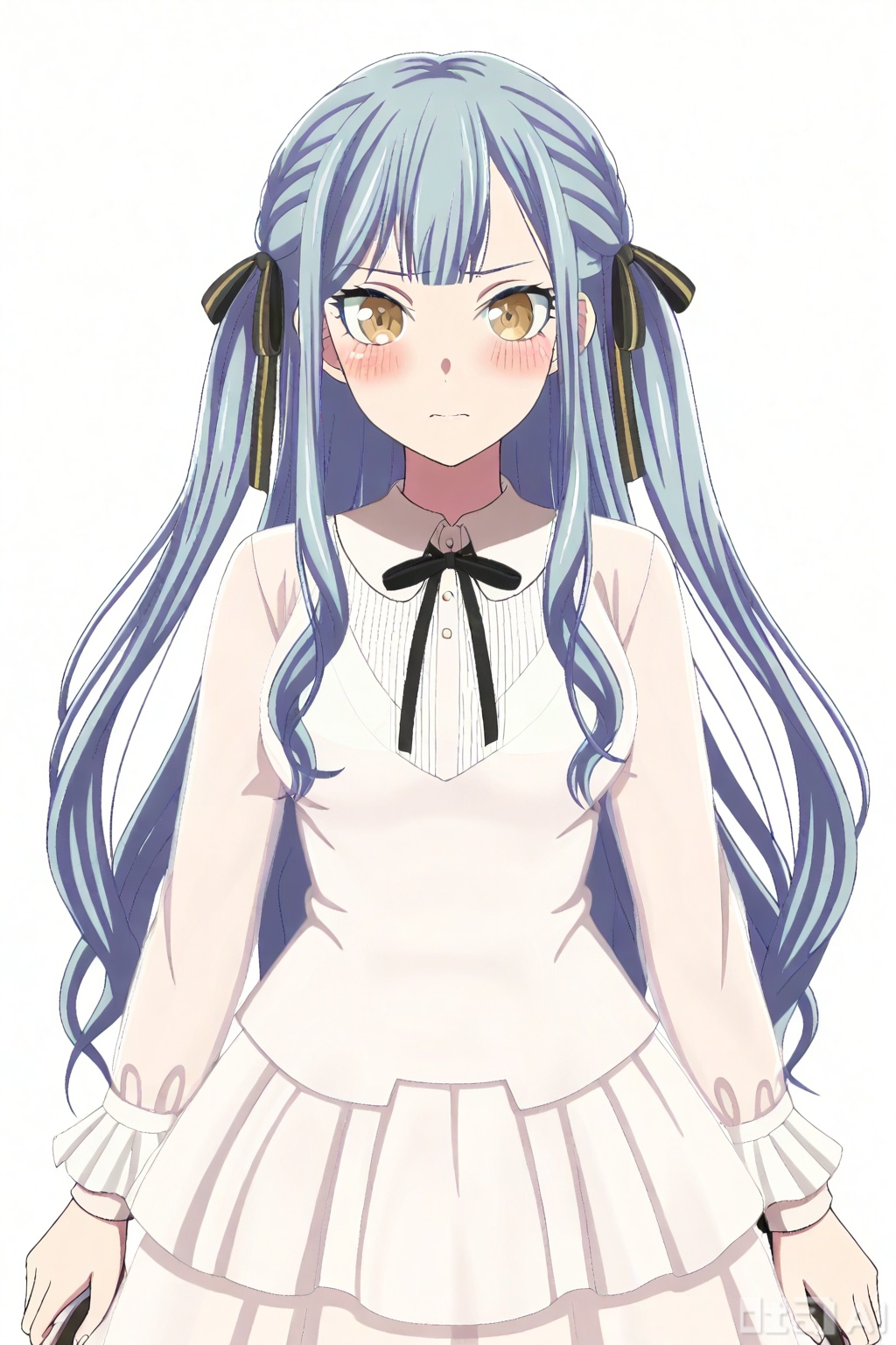 masterpiece, best quality,solo,((white background:1.2)),simple background,full body,2boys,back to back 
looking at viewer,togawa sakiko,bangs,ribbon,hair ribbon,black ribbon,two side up,blue hair,grey hair,sidelocks,blunt bangs,yellow eyes