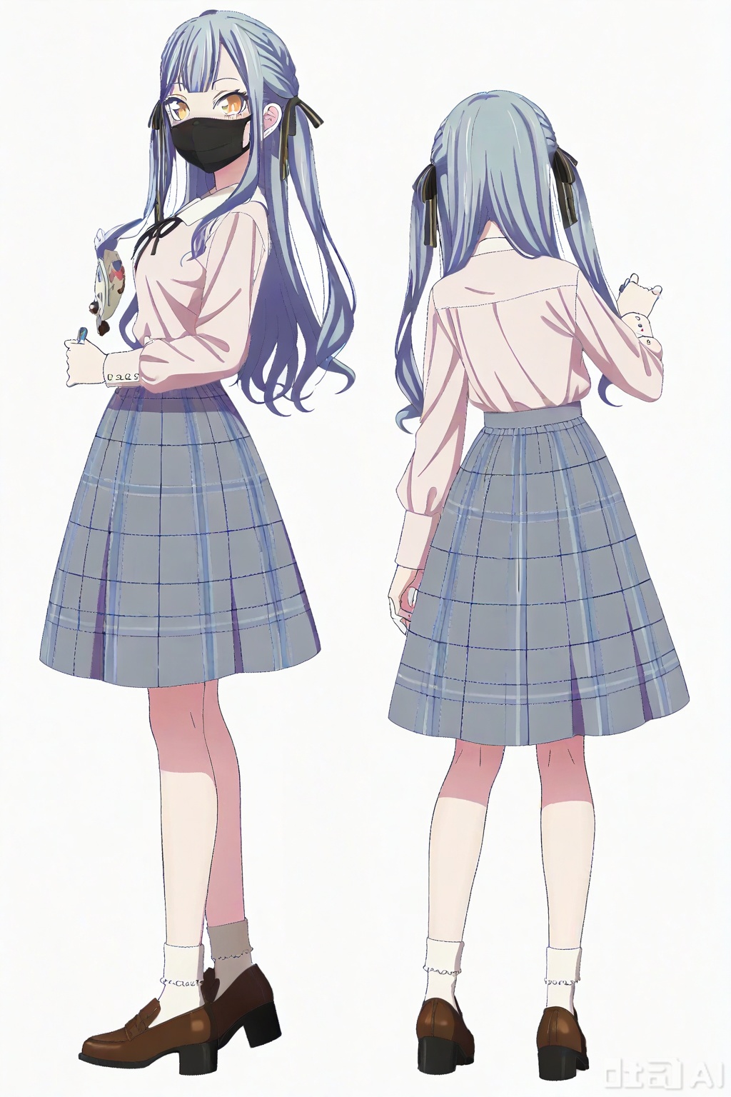 masterpiece, best quality,solo,((white background:1.2)),simple background,full body,2boys,back to back 
looking at viewer,togawa sakiko,bangs,ribbon,hair ribbon,black ribbon,two side up,blue hair,grey hair,sidelocks,blunt bangs,yellow eyes
black_mask