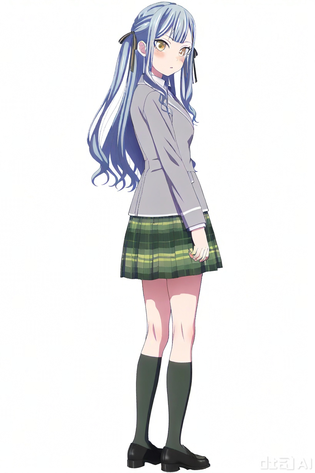 masterpiece, best quality,solo,((white background:1.2)),simple background,full body,2boys,back to back 
looking at viewer,togawa sakiko,bangs,ribbon,hair ribbon,black ribbon,two side up,blue hair,grey hair,sidelocks,blunt bangs,yellow eyes
Haneoka school uniform,green pleated skirt,necktie,shoes,black footwear, kneehighs,plaid skirt,black socks,loafers, grey jacket