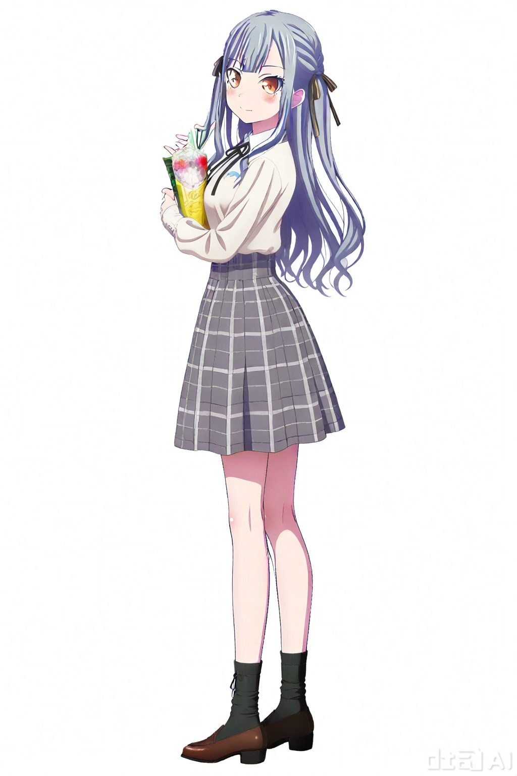 masterpiece, best quality,solo,((white background:1.2)),simple background,full body,2boys,back to back 
looking at viewer,togawa sakiko,bangs,ribbon,hair ribbon,black ribbon,two side up,blue hair,grey hair,sidelocks,blunt bangs,yellow eyes
saki type,neck ribbon,plaid skirt,grey skirt,high-waist skirt