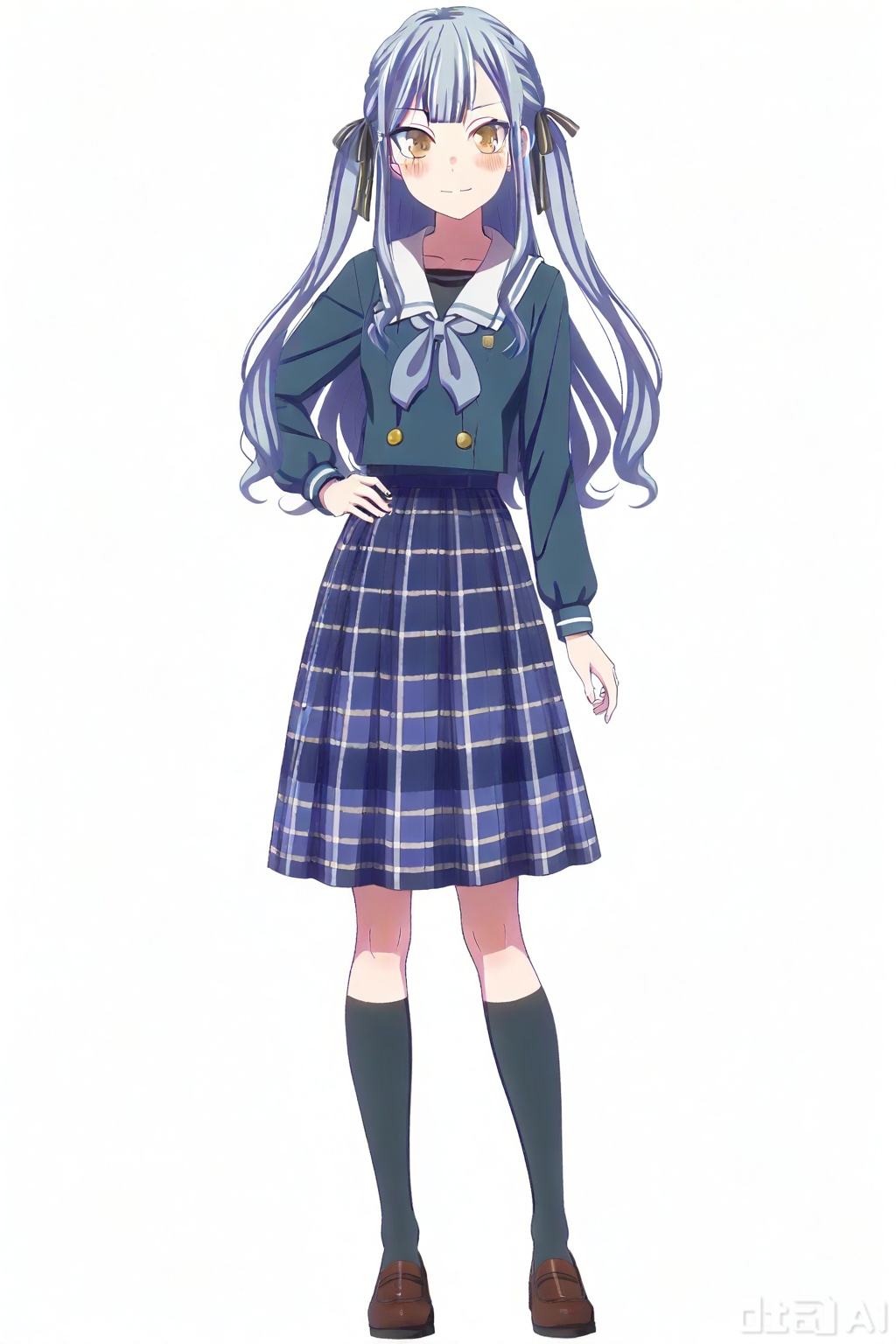 masterpiece, best quality,solo,((white background:1.2)),simple background,full body,2boys,back to back 
looking at viewer,togawa sakiko,bangs,ribbon,hair ribbon,black ribbon,two side up,blue hair,grey hair,sidelocks,blunt bangs,yellow eyes
Tsukinomori school uniform,serafuku,bowtie,sailor collar,navy blue plaid skirt,double-breasted,dress,navy blue pleated skirt,neckerchief,kneehighs,brown footwear,black socks,loafers,white sailor collar,blue neckerchief, navy blue school uniform with a white collar