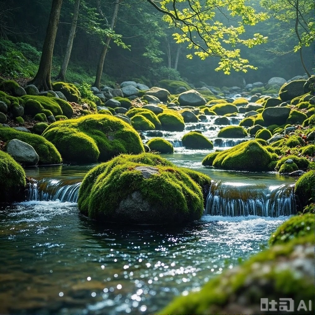 Streams and mosses in the mountains, with a large stone in the middle of the stream
