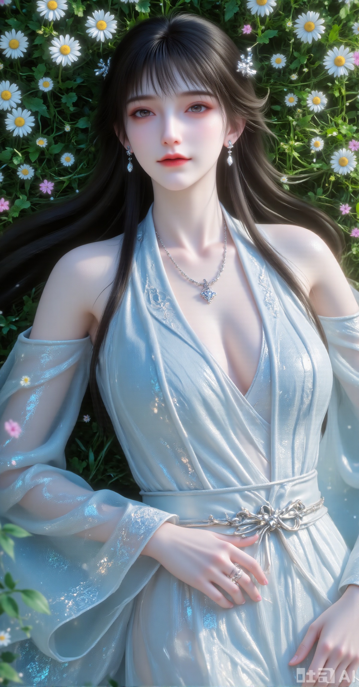 A black-haired woman lying on her side in spring grass, wearing light blue off-shoulder ancient-style clothing (with subtle patterns on collar and cuffs), a light blue hairpin in her hair, and small silver earrings with a delicate silver chain necklace. Lush green background with scattered white daisies (yellow centers) and pink-purple flowers, soft light from the upper left casting a warm glow. Composition with figure to the right, flowers extending to the upper left, color scheme dominated by blue, green, and white, creating a serene and ethereal atmosphere. Style blend of "ancient-style portrait" and "naturalism", must enable "fabric details" and "soft lighting effects".