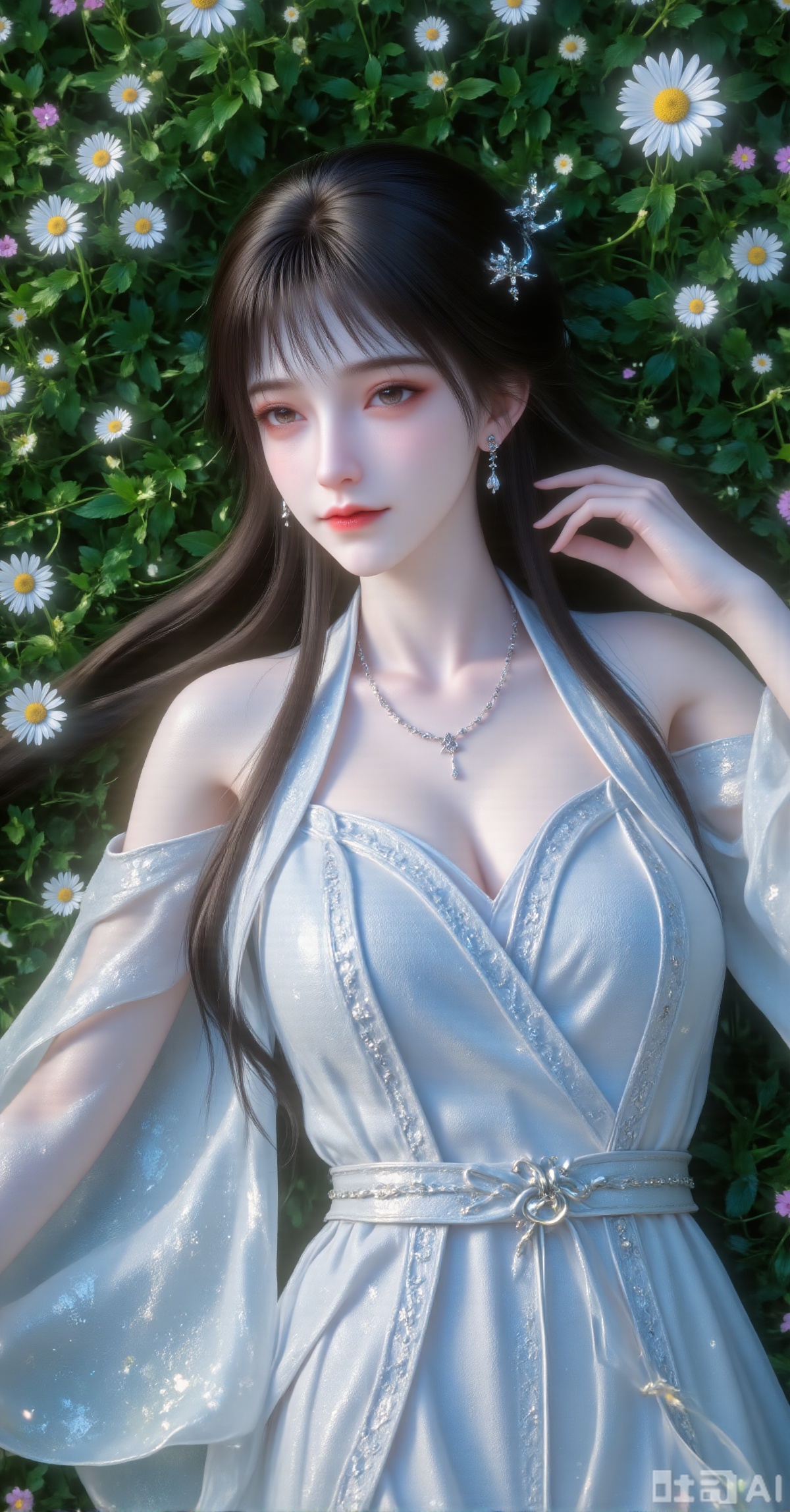 A black-haired woman lying on her side in spring grass, wearing light blue off-shoulder ancient-style clothing (with subtle patterns on collar and cuffs), a light blue hairpin in her hair, and small silver earrings with a delicate silver chain necklace. Lush green background with scattered white daisies (yellow centers) and pink-purple flowers, soft light from the upper left casting a warm glow. Composition with figure to the right, flowers extending to the upper left, color scheme dominated by blue, green, and white, creating a serene and ethereal atmosphere. Style blend of "ancient-style portrait" and "naturalism", must enable "fabric details" and "soft lighting effects".