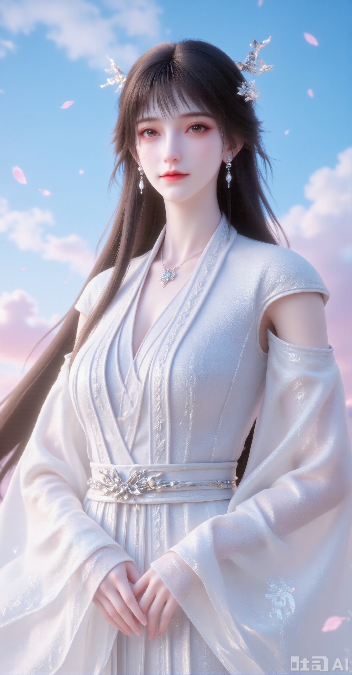 Woman with straight black hair in white Hanfu: embroidered satin top (silver vine patterns), sheer wide sleeves (40% opacity). Pearl hairpin, jade drop earrings, moonstone necklace. Subtle makeup (peach blush + nude gloss), standing against cloud backdrop: azure sky above (#87CEEB), pink gradient below (#FFC0CB→#FFDDF4). Centered composition with shadowless lighting, style hybrid of "traditional portrait" and "xianxia CG", must enable "chiffon_lighting" and "gem_refraction".,yx