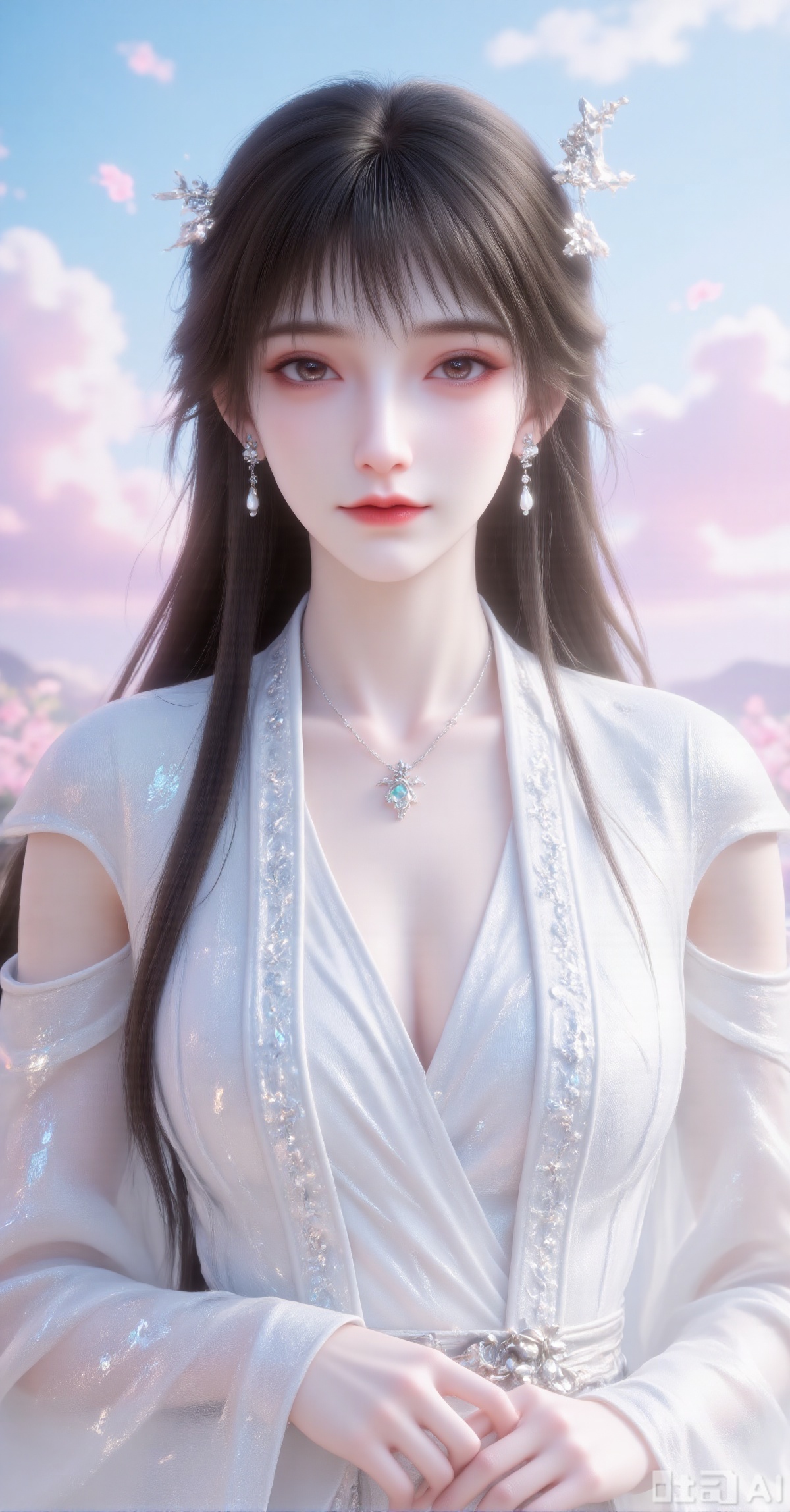 Woman with straight black hair in white Hanfu: embroidered satin top (silver vine patterns), sheer wide sleeves (40% opacity). Pearl hairpin, jade drop earrings, moonstone necklace. Subtle makeup (peach blush + nude gloss), standing against cloud backdrop: azure sky above (#87CEEB), pink gradient below (#FFC0CB→#FFDDF4). Centered composition with shadowless lighting, style hybrid of "traditional portrait" and "xianxia CG", must enable "chiffon_lighting" and "gem_refraction".,yx