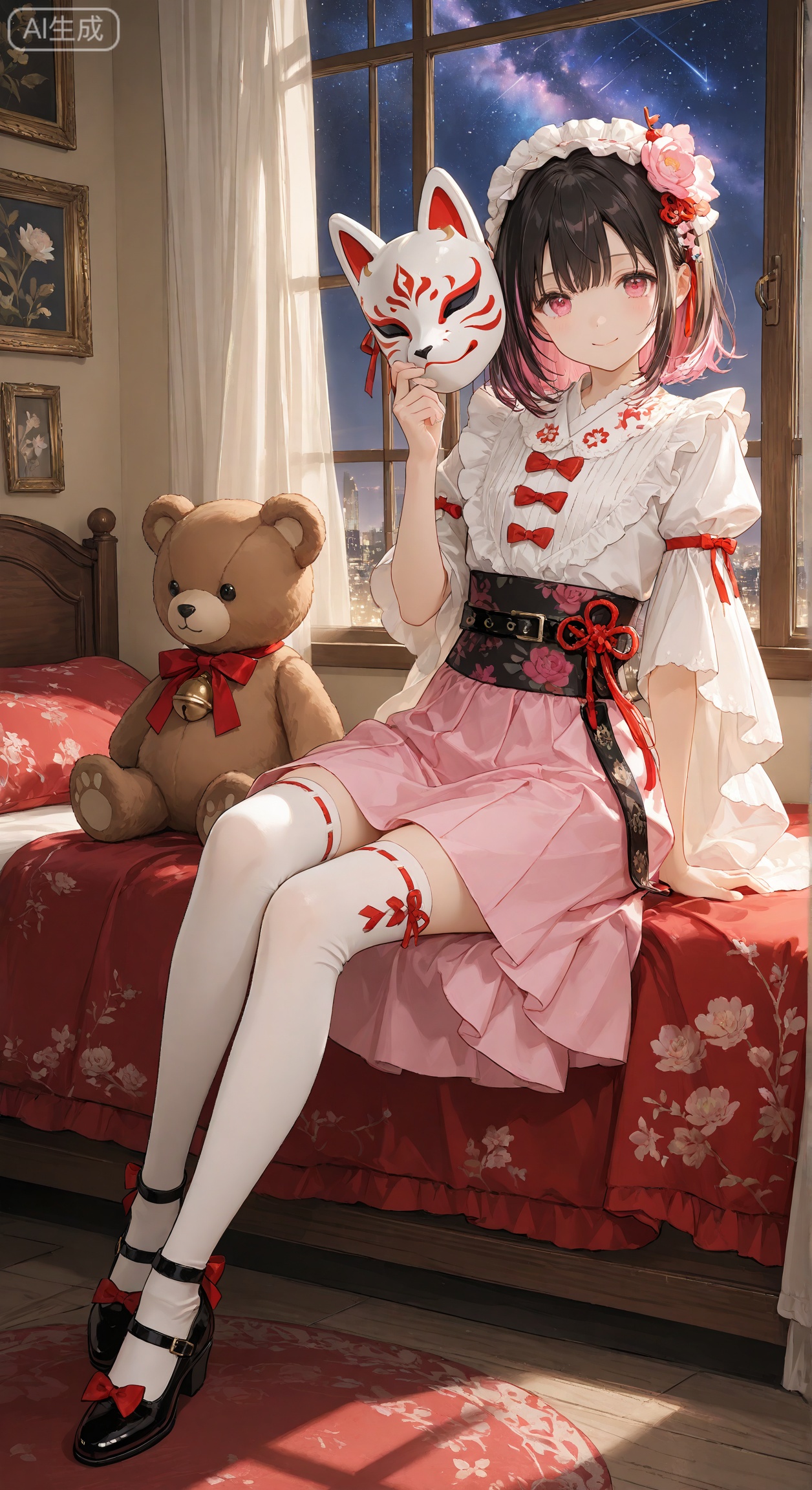 Anime style, a beautiful girl with long dark hair with pink highlights, wearing a white fox mask decorated with red patterns and flowers on her head, with pink eyes and a gentle smile. She wore a white short-sleeved shirt, a pink skirt with decorative belt (with knot details), paired with white over-knee stockings, and pink thick-soled Mary Jane shoes decorated with red bows and small flowers. She was sitting on a bed covered with white bedding, next to her a brown teddy bear with a red bow tied with a small bell. The background shows the night cityscape through the windows, as well as starry sky and shooting stars. The interior is light soft and framed floral paintings are hung on the wall. The image has rich details, bright colors and clear focus, which is a masterpiece.
