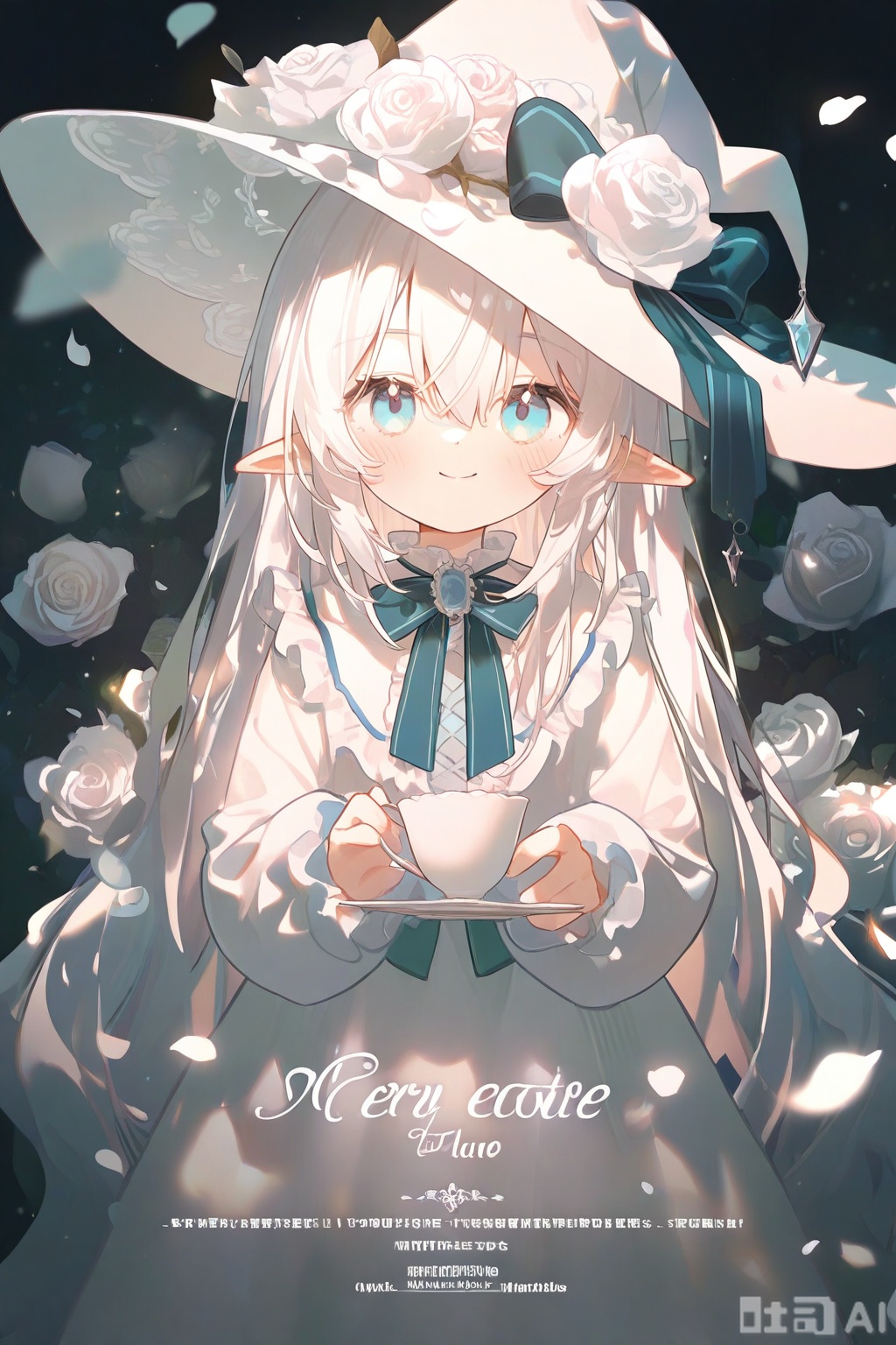 1girl, solo, long hair, looking at viewer, smile, bangs, blue eyes, long sleeves, hat, dress, bow, holding, hair between eyes, very long hair, closed mouth, flower, white hair, frills, pointy ears, white dress, english text, cup, petals, witch hat, rose, white headwear, white flower, teacup, white rose
