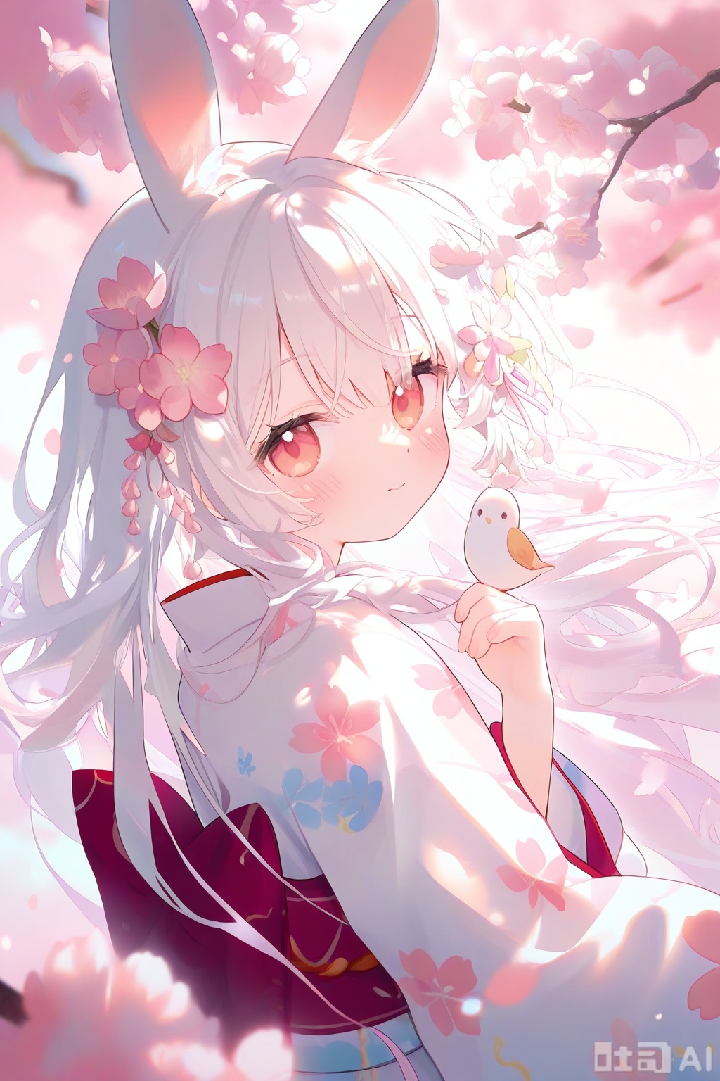 1girl, solo, long hair, looking at viewer, blush, bangs, hair ornament, red eyes, long sleeves, bow, animal ears, closed mouth, upper body, flower, white hair, japanese clothes, hand up, hair flower, wide sleeves, pink eyes, kimono, rabbit ears, from side, sash, floating hair, bird, obi, floral print, cherry blossoms, pink flower, white kimono, branch, print kimono
