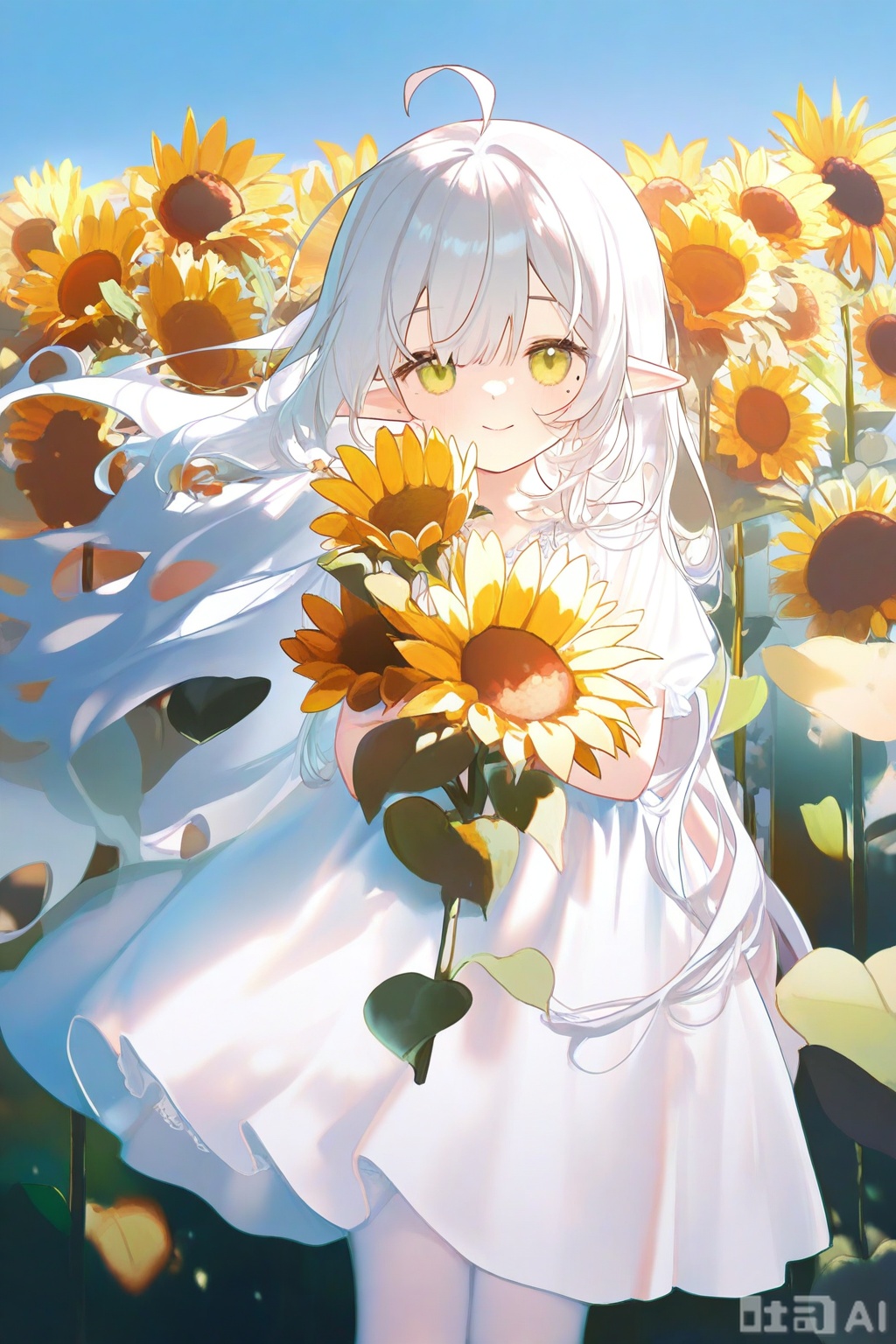 1girl, ahoge, alternate costume, blue sky, closed mouth, dress, flower, long hair, looking at viewer, mole, mole under eye, pantyhose, pointy ears, sky, smile, solo, sunflower, very long hair, white dress, white hair, white pantyhose
