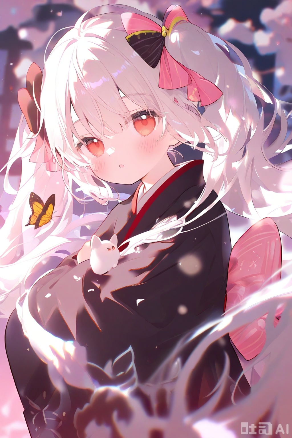 1girl, solo, long hair, looking at viewer, blush, bangs, red eyes, long sleeves, bow, twintails, very long hair, upper body, white hair, hair bow, parted lips, japanese clothes, kimono, blurry, :o, black dress, black bow, floating hair, depth of field, animal, bug, pink bow, butterfly, black kimono
