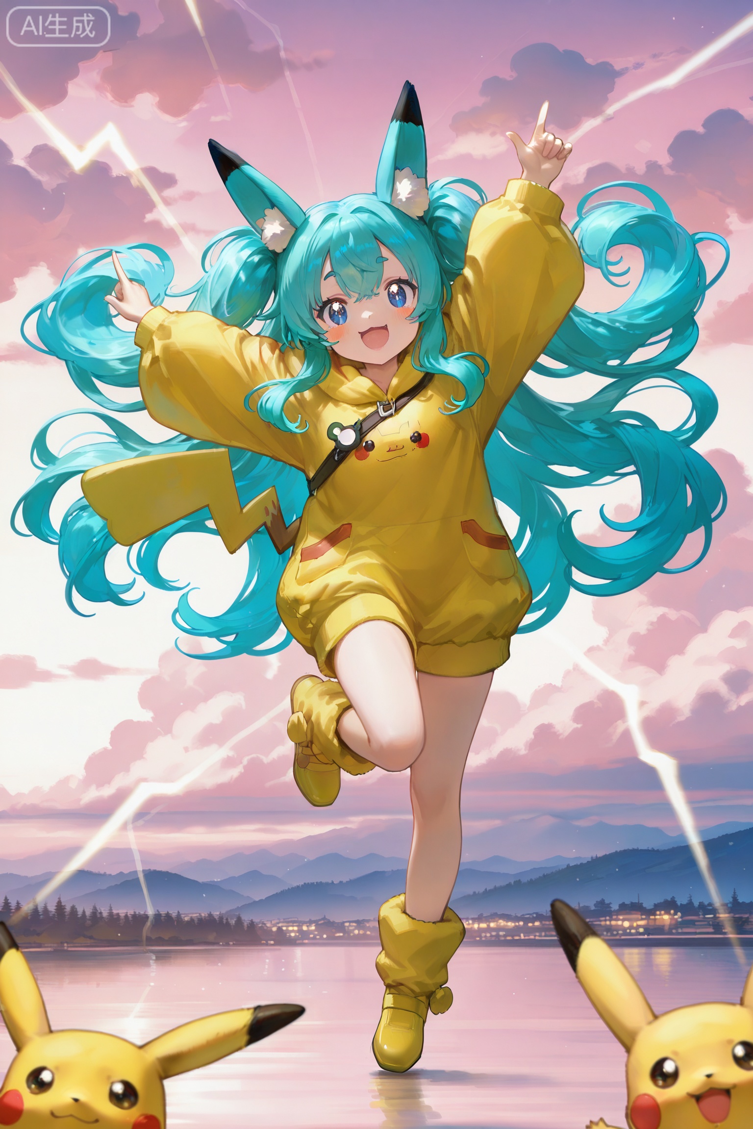 “masterpiece, absurdres, best quality, girl with long hair imitating Pikachu, high quality, vibrant_colors,
//,
1girl, playful expression, with long, flowing hair styled to resemble Pikachu’s ears, wearing a cute yellow outfit inspired by the character, striking a fun pose with her hands in the shape of ears above her head, bright eyes sparkling with mischief, surrounded by a cheerful background featuring Pikachu-themed elements like lightning bolts and fluffy clouds, capturing the essence of playfulness and creativity, emphasizing her joyful spirit and love for the iconic character
//,
artist:kawaii_artist,[Artist:PikaIllustrator:0.5],artist:playful_vibes,(artist:anime_style:0.3),(artist:character_inspired:0.3),artist:joyful_art,artist:imagination_moments,Artist:dynamic_expressions,
//,
Depth of field,(bright_tones),hdr,whimsical_effect,depth of field,cheerful atmosphere,”