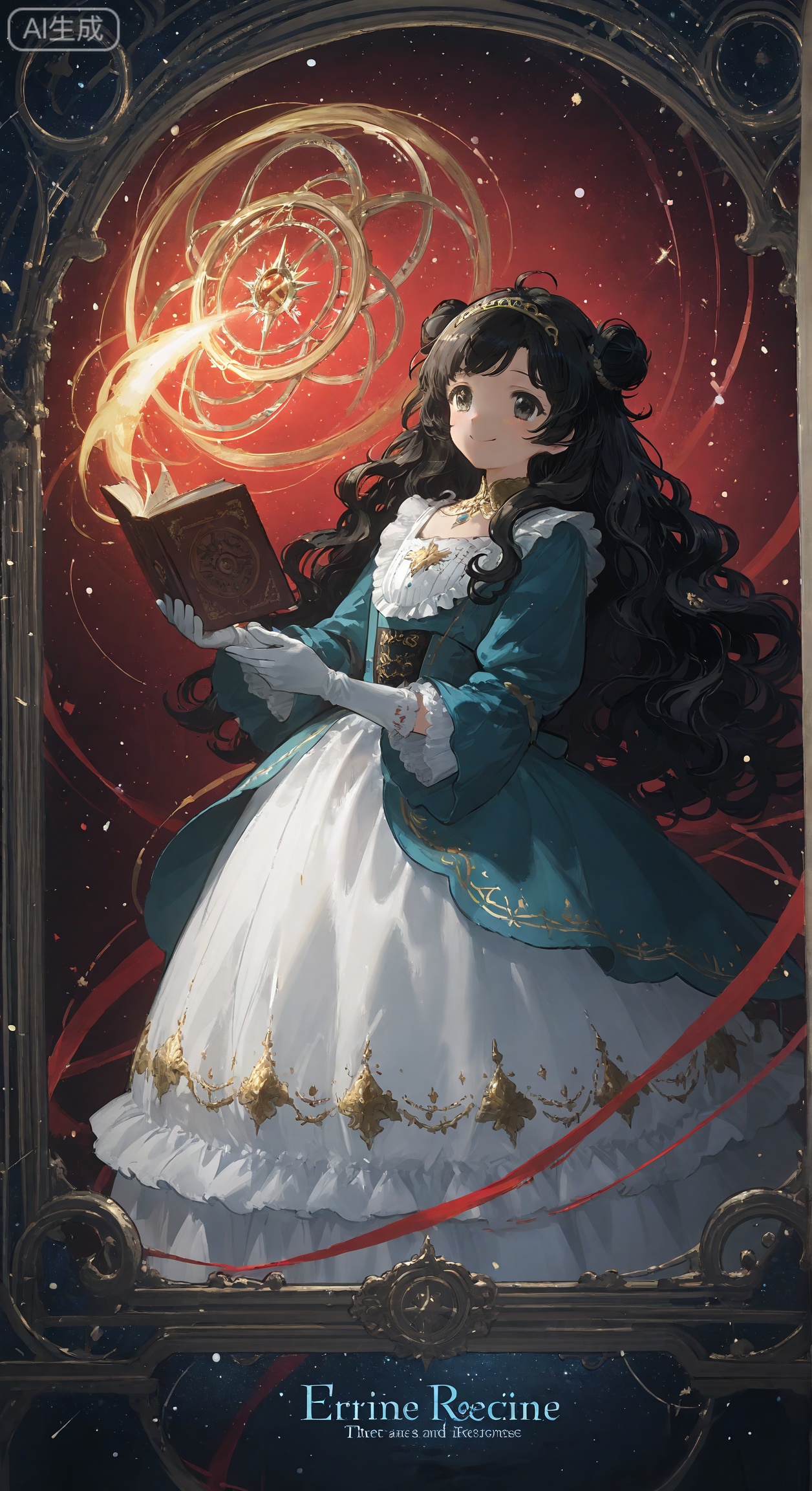 This is an anime-style illustration with a female character in gorgeous costumes. Long black curly hair, low-end double bun, various decorations on the hair. Wearing a long skirt, happy, tear moles, fluffy skirt, some dark patterns on the skirt, decorations on the waist, and red and white gloves on the hands. There are some Japanese words in the background and some English words. The overall style is full of fantasy and sweetness, which may be the cover or illustration of a certain anime magazine or fan work. (Integrate diverse styles such as 2D healing world, Chicang style, hand-painted illustrations, picture book illustrations, flat illustrations, trendy comics, hand-painted animations, retro and modern interweaving, etc. Grain texture hazy feeling, atmosphere, dark magic, illustrations, dreamy artistic conception and other diverse styles, gold foil eye shadow characters, weird and weird atmosphere, high-definition details, 8K picture quality, showing stories and style, image outline extraction, hand-door collage)
